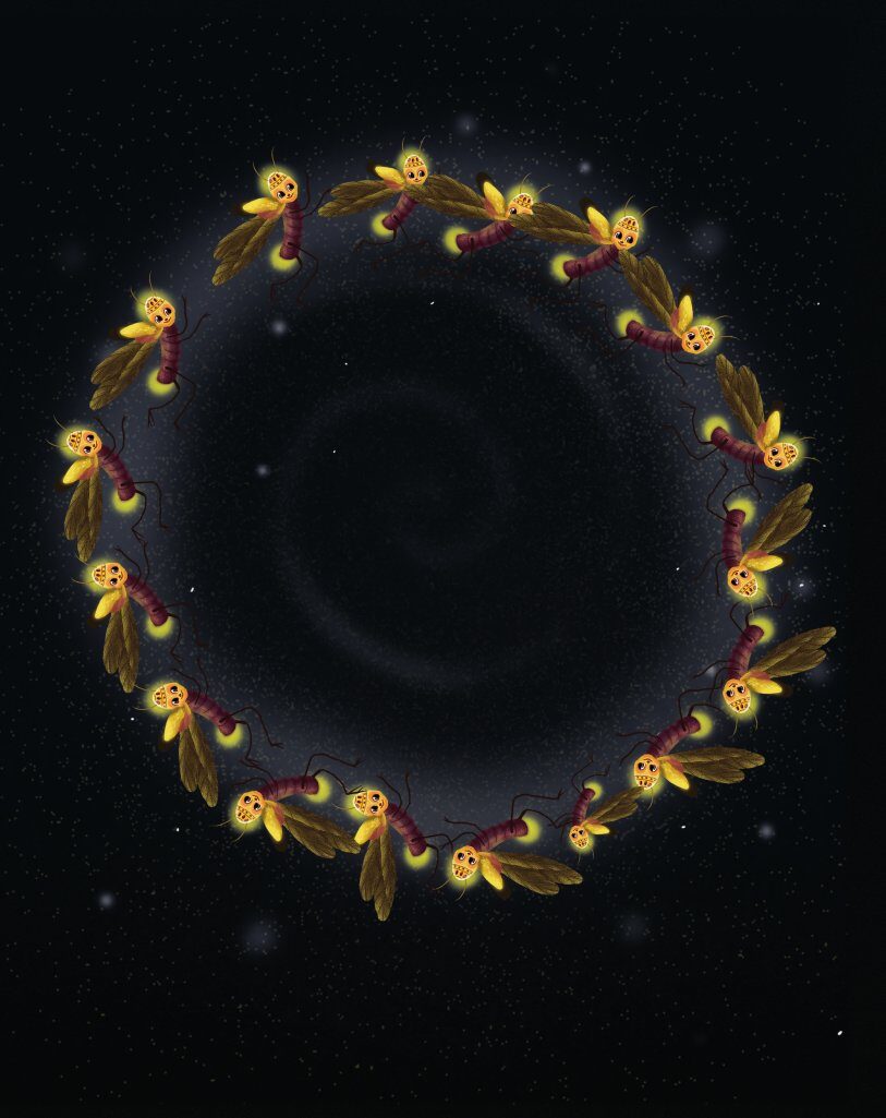 A ring of fireflies glowing in the night sky