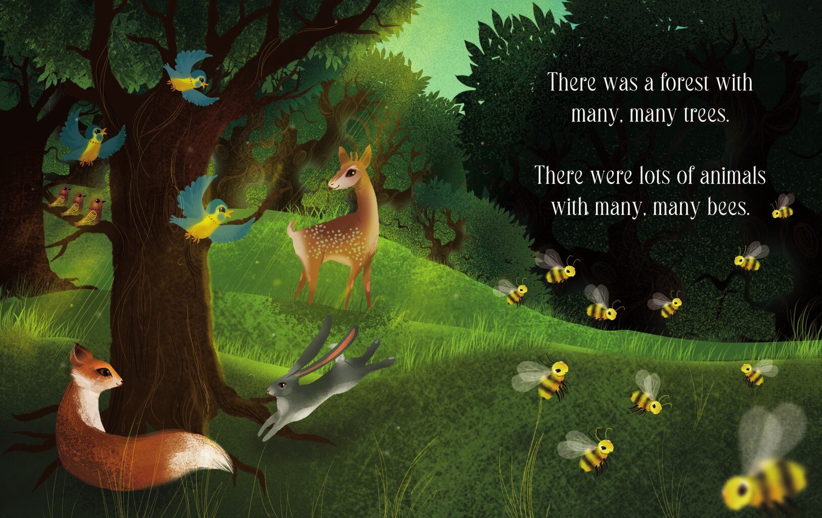 Book spread: a fox, deer, rabbit and birds in a green forest with bees