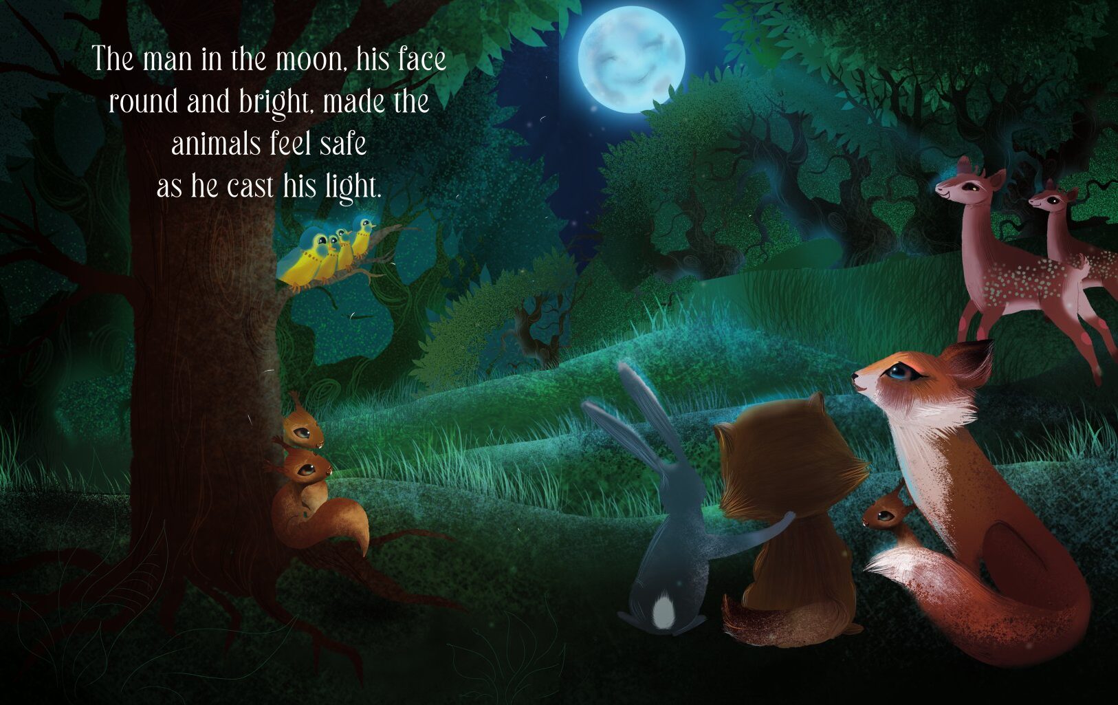 Book spread: animals gathered under a tree, looking up at a bright full moon